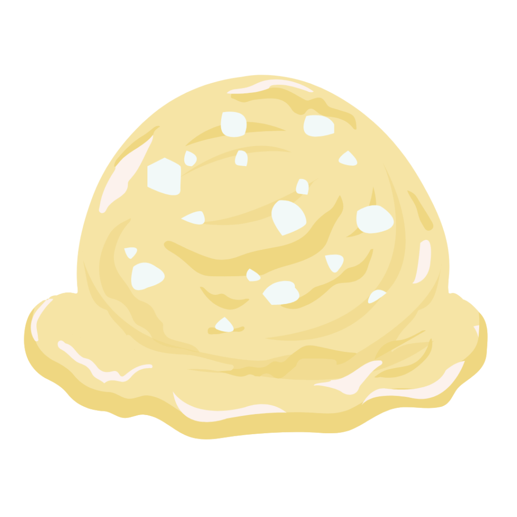 Scoop of mango sticky rice ice cream with visible swirls of mango and grains of sticky rice