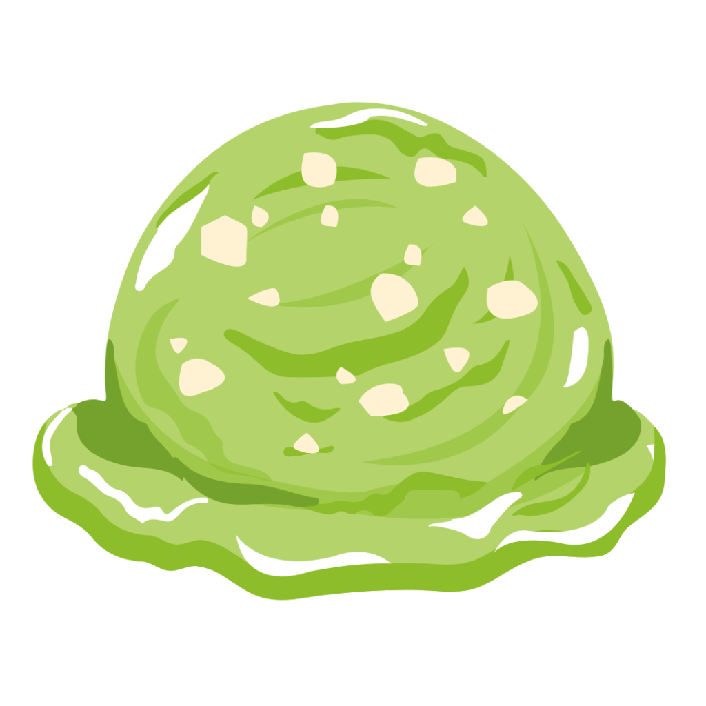 Pandan flavored ice cream scoop with visible chunks of southern cream cheese style gooey butter cake