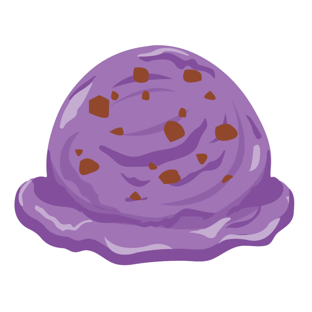 Ube ice cream scoop with visible caramel crunch biscotto cookies