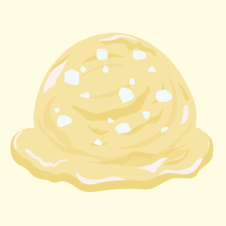 Scoop of mango sticky rice ice cream with visible swirls of mango and grains of sticky rice