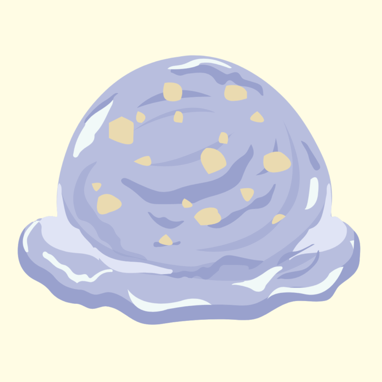 Scoop of blueberry cream cheese ice cream with crispy wonton strips