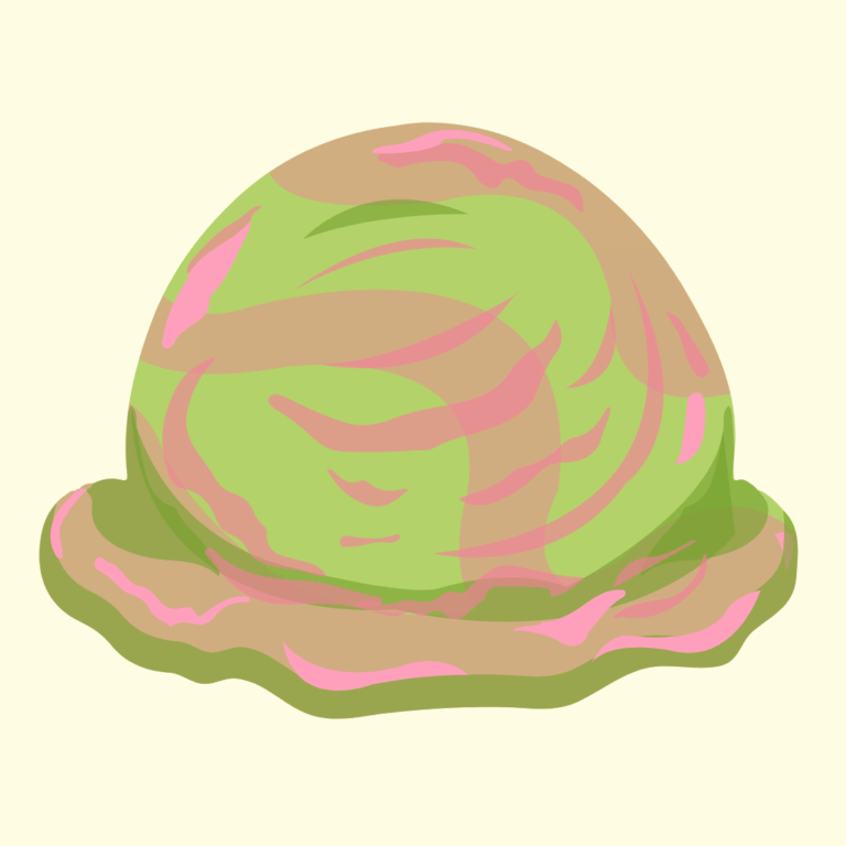 Scoop of strawberry matcha ice cream with a swirl of pink and green