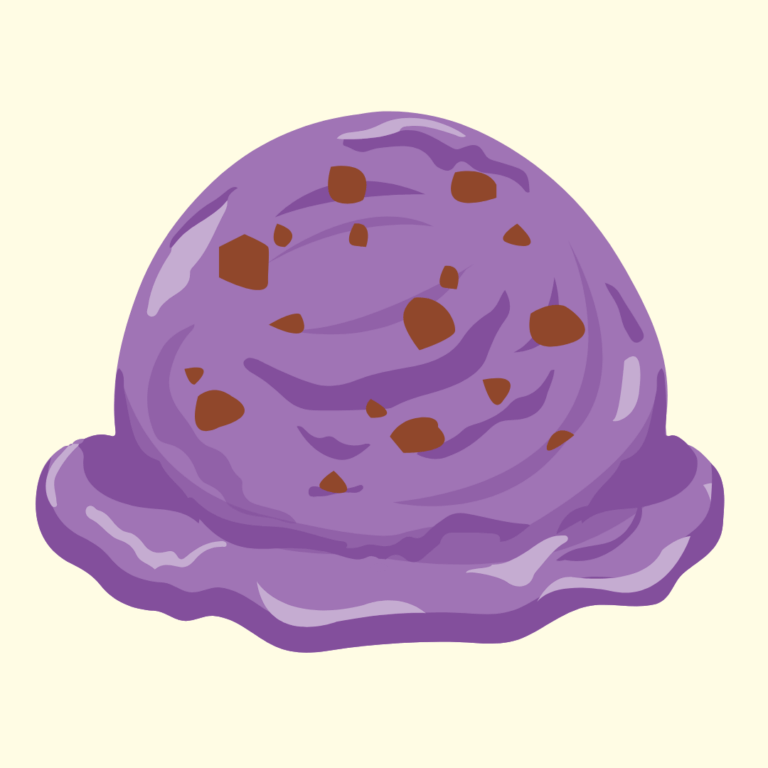 Ube ice cream scoop with visible caramel crunch biscotto cookies