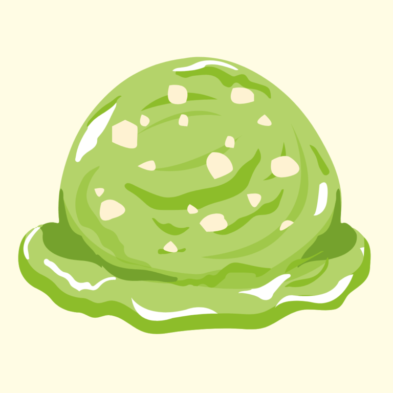 Pandan flavored ice cream scoop with visible chunks of southern cream cheese style gooey butter cake